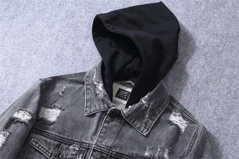 MORUANCLE Fashion Men's Ripped Denim Jackets Streetwear Distressed Jeans Trucker Jacket Destroyed Outerwear With Detachable Hood