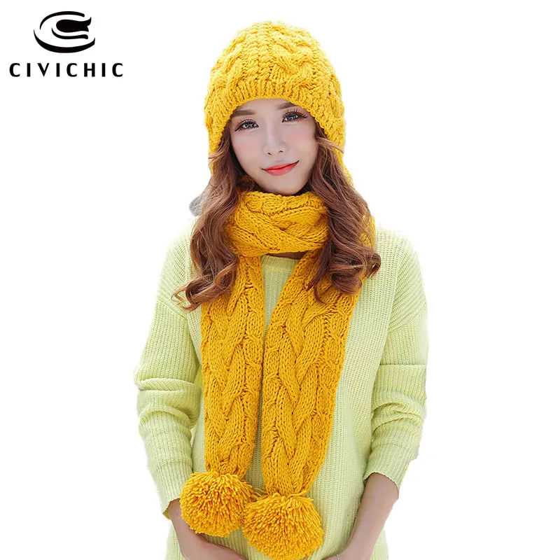 

CIVICHIC Korean Style Girl Cute Warm Set Crochet Cap Knit Hat Scarf 2 Pcs Pompon Beanies Shawl Solid Weave Velvet Headwear SH197