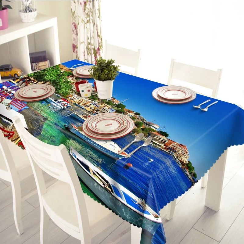 3D Tablecloth Seaside Town Scenic Pattern Waterproof/oil-proof Thicken Polyester Rectangular Wedding Table cloth Home Textiles | Дом и сад