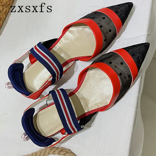 

Ladies Pointed Toe Flat Shoes With Straps Patchwork Mesh Summer Sandals!