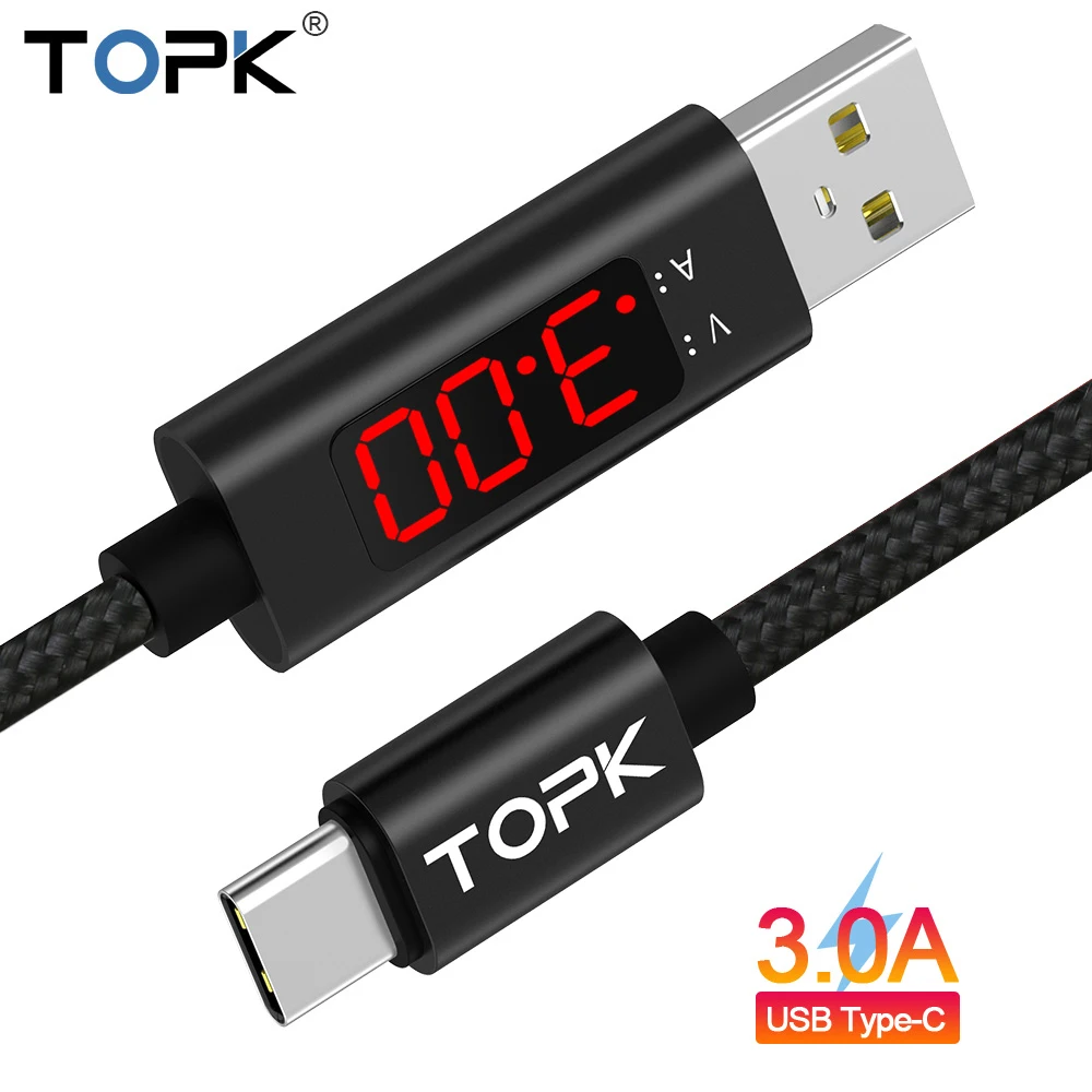 TOPK D-Line1 3A(Max) USB Type C Cable, QC 3.0 Fast Charging Voltage and Current Display Nylon Braided USB C Data Sync Cable