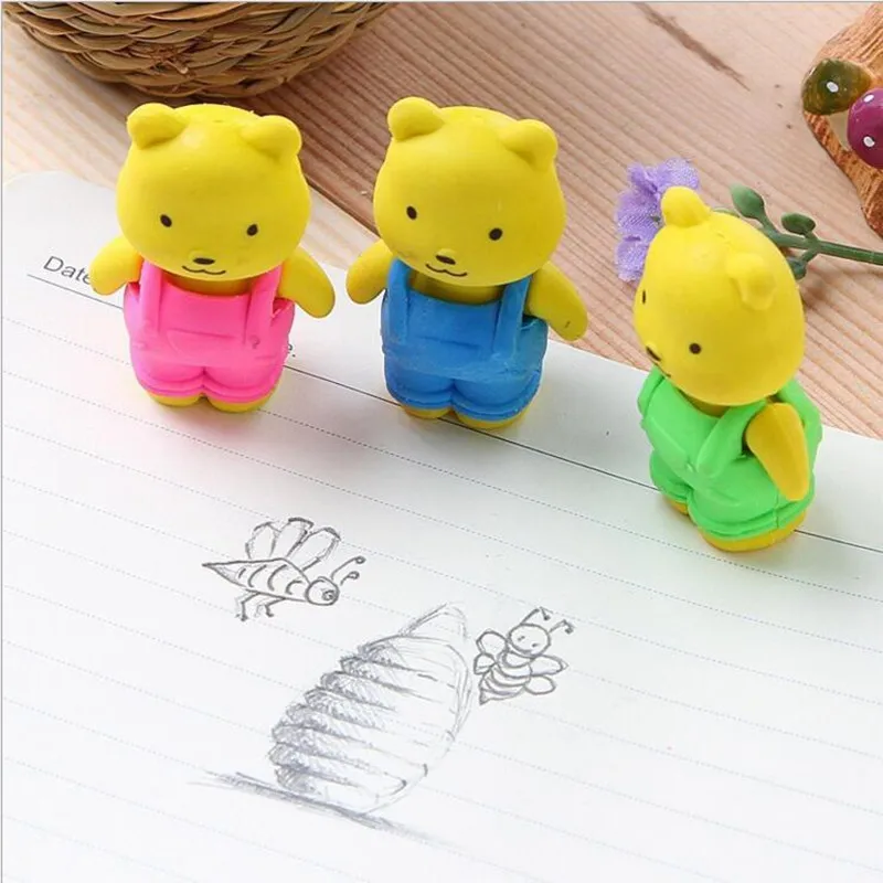 20 Pcs/lot BIB PANTS Teddy bear Erasers rubber for pencil kid Removable