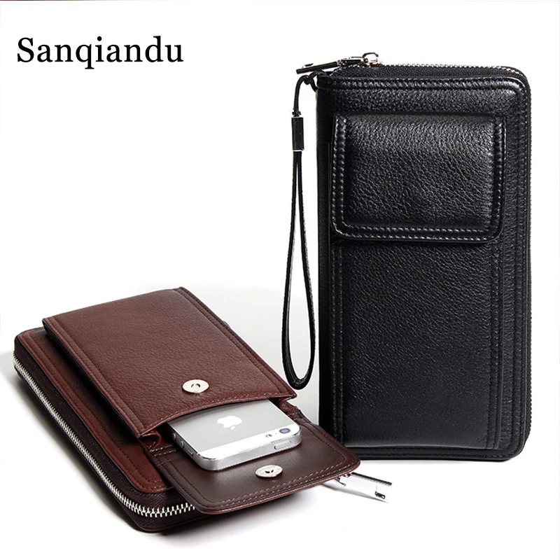 

Sanqiandu Wallet Men Genuine Leather Wallets Men Long Purse Phone Pouch Zipper Purse Coin Wallet Card Hoder Male Clutch Purses