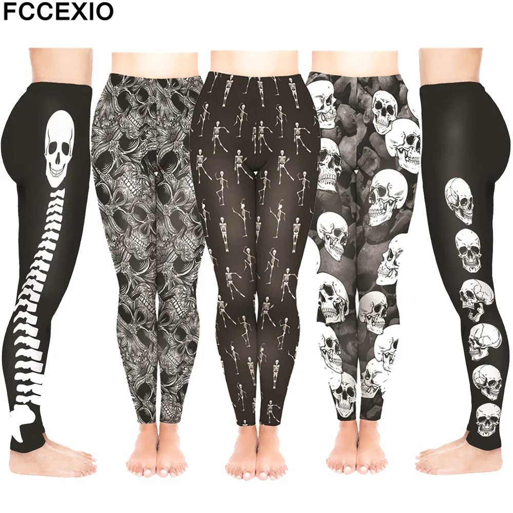 FCCEXIO женские тренировочные штаны с высокой талией, леггинсы для фитнеса, новинка, 5 стилей, принт Черепа скелета, Женские легинсы, обтягивающие брюки