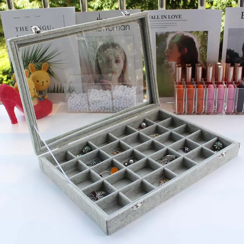 

New Arrival Jewelry Organizer with Cover Gray 30 Slots Velvet Jewelry Case Storage Box With Glass Lid For Earring Ring Pendant