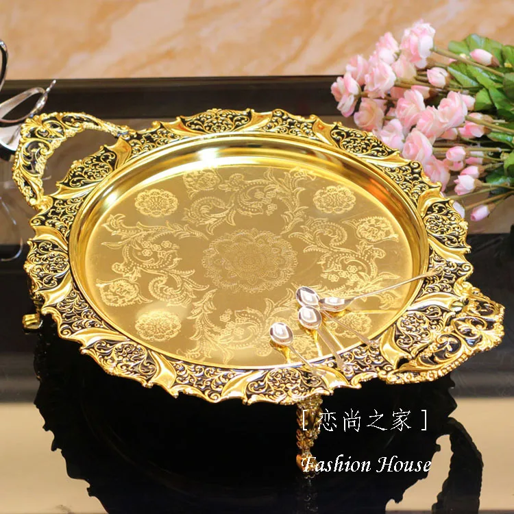 42cm round gold black embossed metal tray storage tray with handle