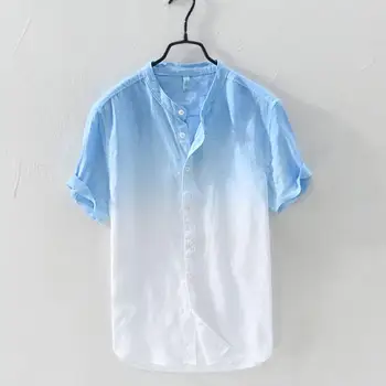 

High quality 2018 Men's short sleeve Gradient 100% linen shirts casual mens stand-collar shirts fashion loose male shirts