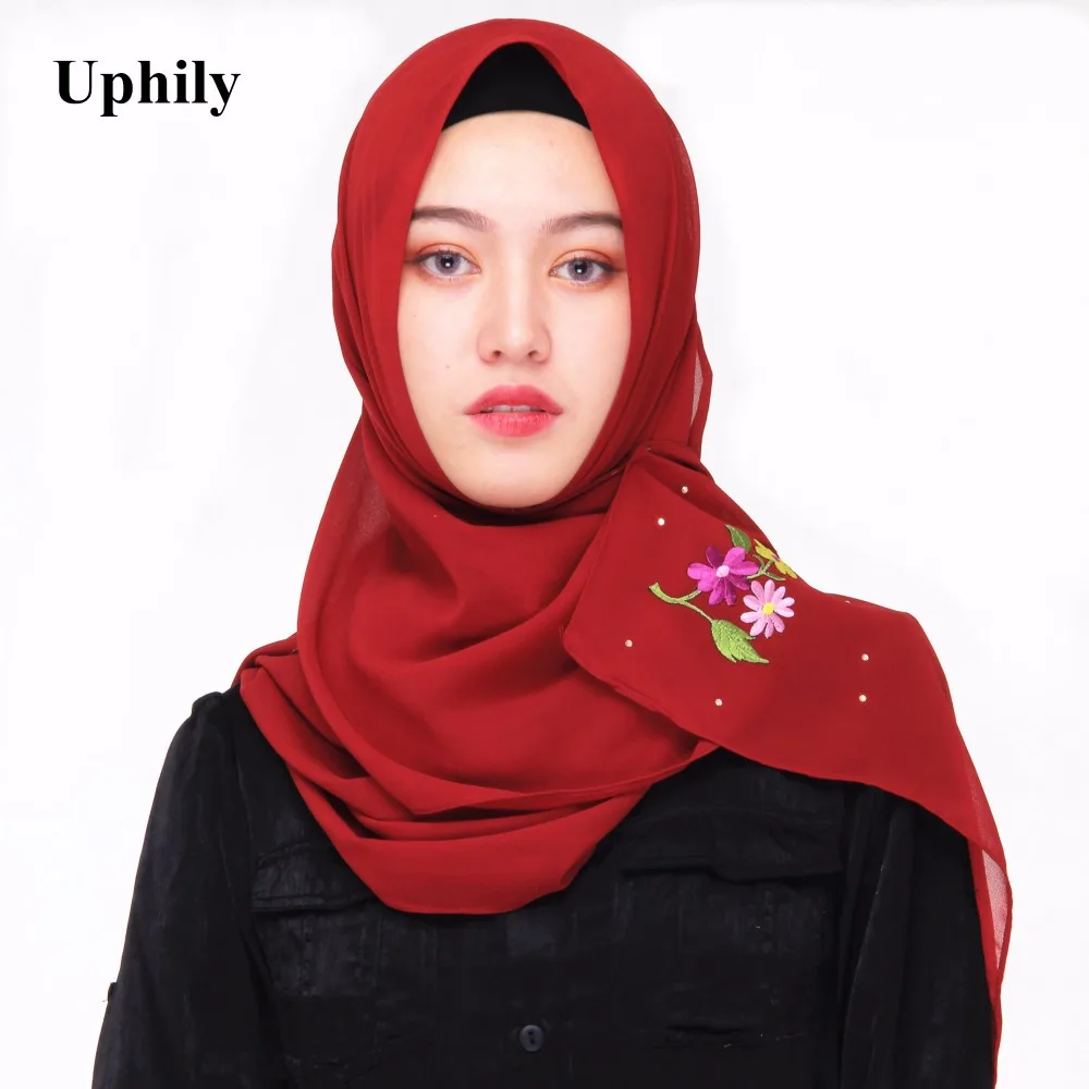 2018 Women Scarf Muslim Hijab Scarf Chiffon Silk Shawl Embroidery Floral Scarves With Crystal
