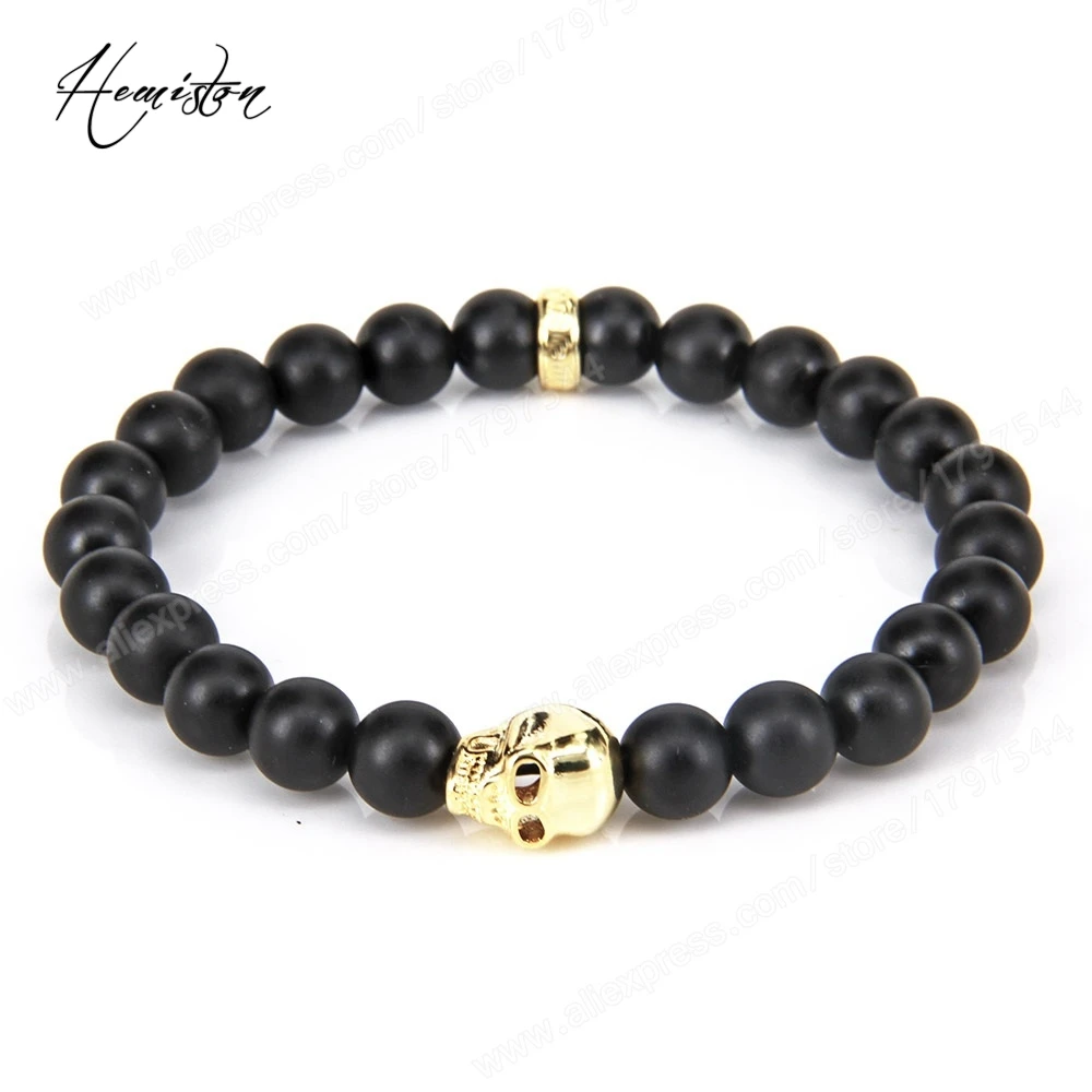 

Thomas BLACK OBSIDIAN AND GOLD SKULL BEADS ELASTIC BRACELET, Rebel Heart Style Jewelry for Men TS B152