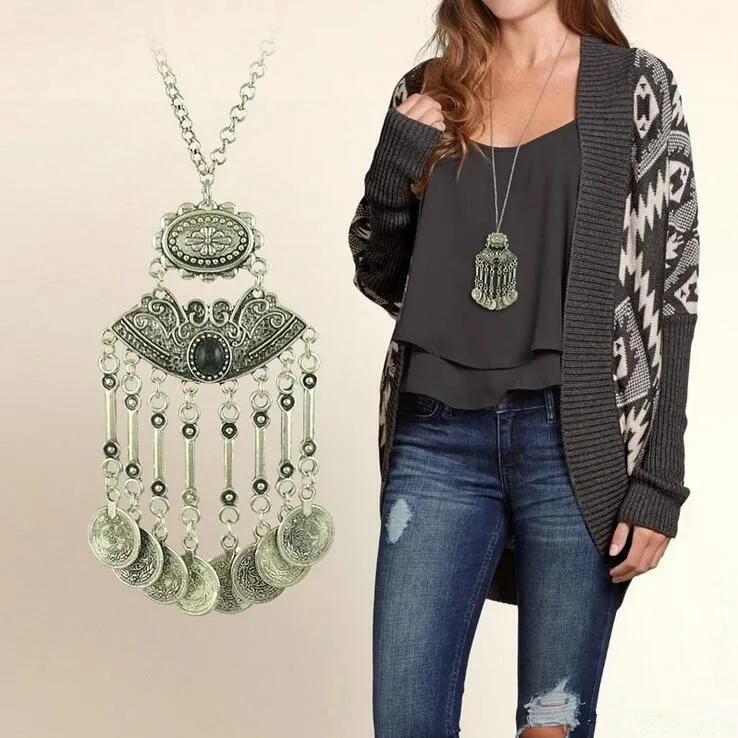 

SHUANGR Hot Selling Womens Stylish Boho Silver-Color Coins Statement Necklace Long Tassel Sweater Chain Necklace Turkey Jewelry