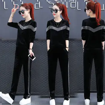 

New fashion Tracksuit 2019 Spring Autumn Women's Suit Patchwork 0-Neck Velet Sweatshirt+Long Pant 2 Piece Set