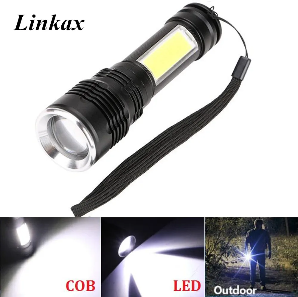 

Powerful 4 Mode T6&COB CREE LED Flashlight 3800LM Zoomable Outdoor Camp Lamp lanterna Torch light for 18650