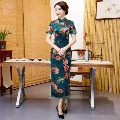 С цветочным принтом элегантные женские Qipao большой размеры 3XL 4XL китайский стиль винтаж женское платье-Ципао длинные Вечеринка платья для женщин Vestidso - Цвет: Зеленый