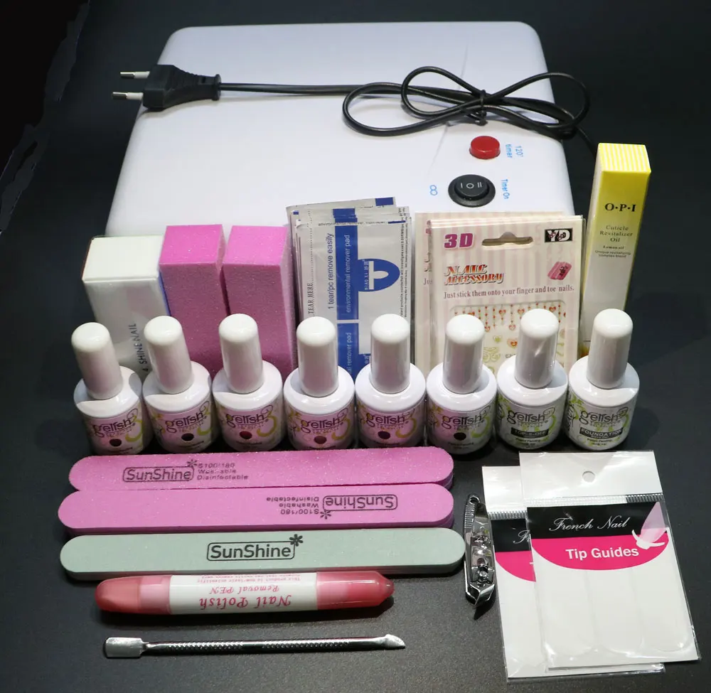 Высокое качество, Модные Лак Для Ногтей набор Гель УФ 36 Вт Леча Светильник маникюр Пилочка Для Ногтей Nail art diy инструменты с База Top coat Буфера Remover73