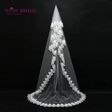 Wowbridal изящная белая Фата невесты кружева вышитые края Тюль длиной до пола Trail свадебные аксессуары