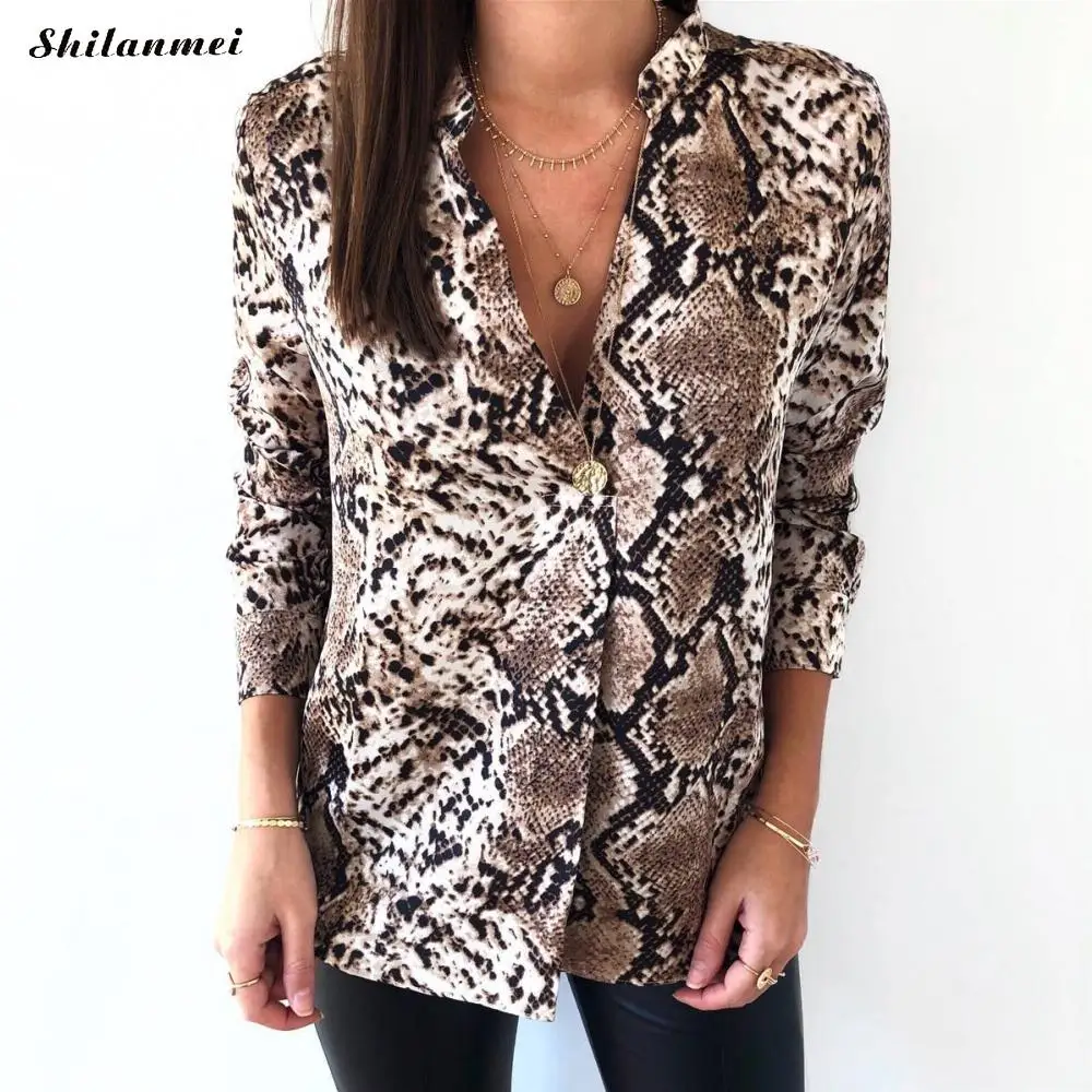 Chiffon Blouse Long Sleeve Sexy Leopard Print Blouse Tunic Casual Loose Tops Plus Size Turn Down Collar Lady Office Shirt