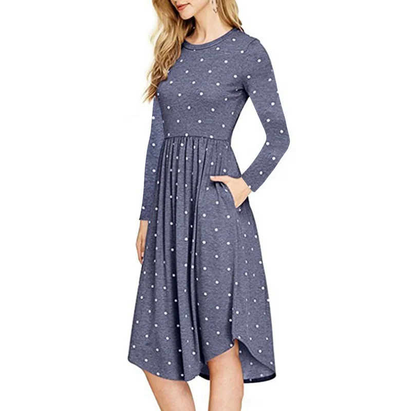 النساء Vestidos حزب اللباس مطوي البولكا نقطة جيب سوينغ عارضة ميدي اللباس زائد حجم فستان بكم طويل عالميا جديد