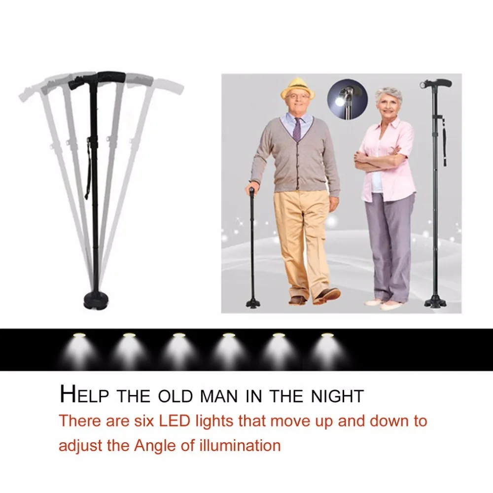 Base para T-guiador Cana para Anciãos Dobrável Homem Velho Segurança Bengala 4 Cabeça Pivotando Confiável Trekking Caminhadas Pólos Luz Led 2 4 cabeça pivotando confiável base para t-guiador