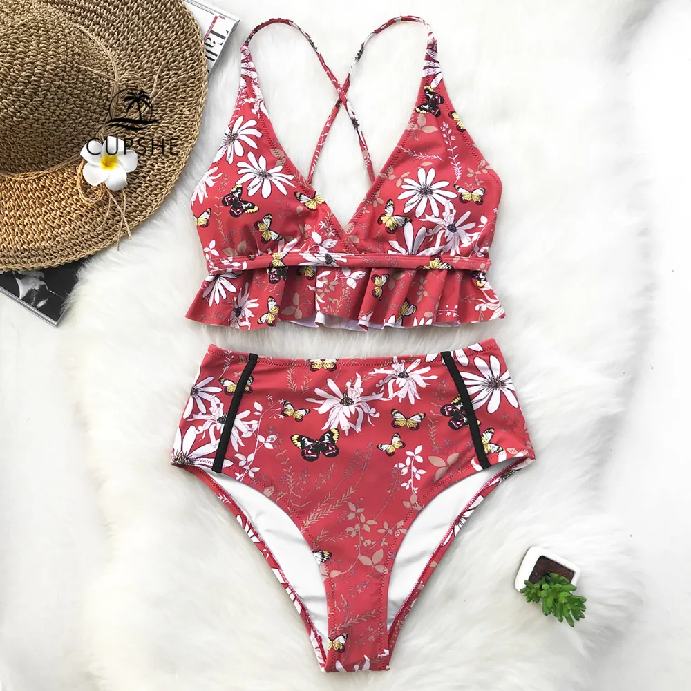 CUPSHE Happy Together High waisted Bikini Set Swimsuit Beach Bathing ...