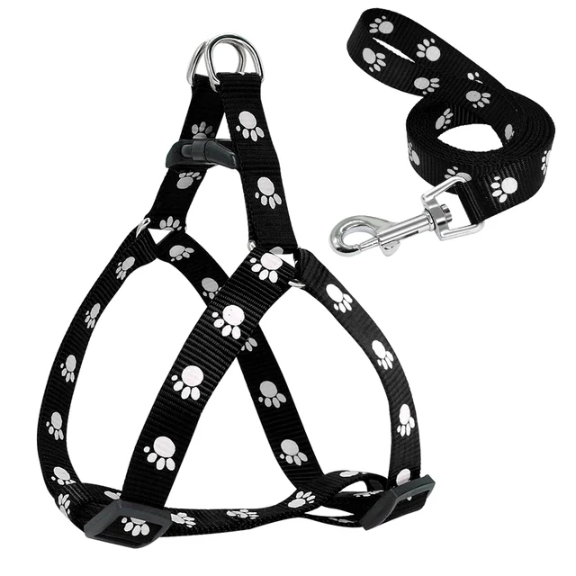 Nylon Dog Harness and Leash Set Adjustable Paw Print Dog Harness Walking Leash Strap for Small Medium Dogs S/M/L 4