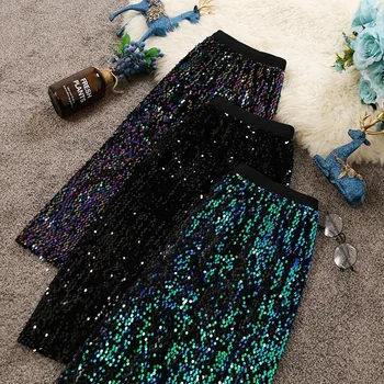

2019 Spring Summer New Women's Elastic High Waist Slim Buttocks Sequined Mid Length Skirts Girls' Fashion Skirts
