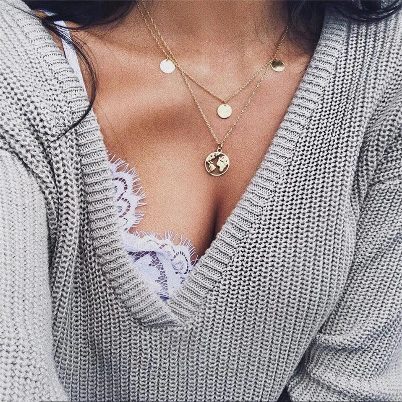 

Newst Shining Round Metal Two Layer Silver Gold Color Women Fashion Necklace Gift