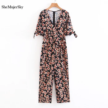 

SheMujerSky Floral Overalls For Women Jumpsuit V-neck Short Sleeve Jumpsuits With Belt monos de verano para mujer