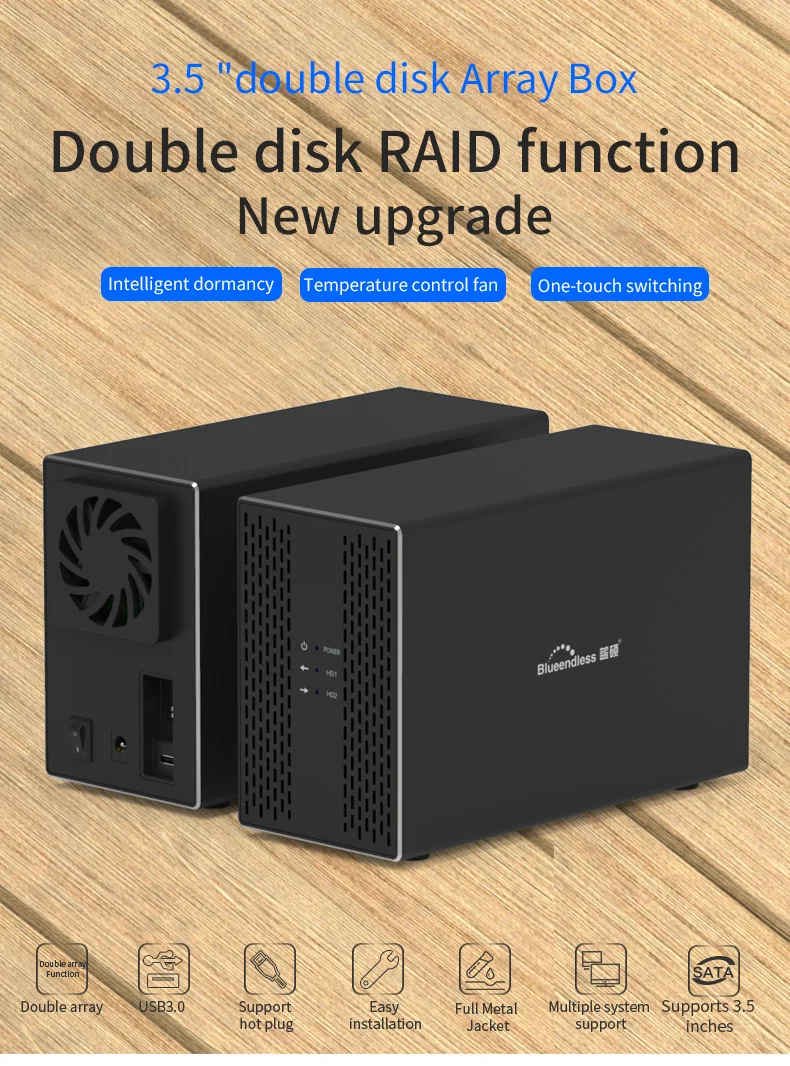 Blueendless Aluminum Tool Free 2 bay 3.5" SATA to USB 3.0 External Hard Drive Enclosure Support 2x 10TB Drive -Black 3.5 inch hard disk case