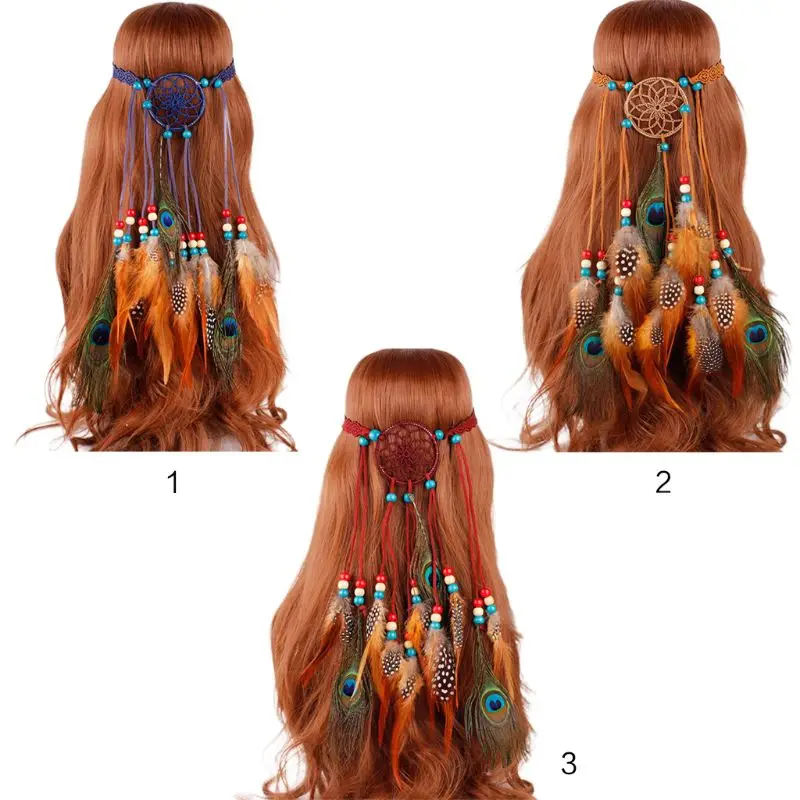 

Hippie Bohemian Women Dreamcatcher Headband Indian Colored Beaded Artificial Peacock Feather Adjustable Cosplay Party Headpiece
