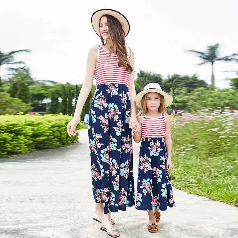 

2019 wish stripe hot style in Europe and America parent-child outfit ebay mother-daughter patchwork dress dress