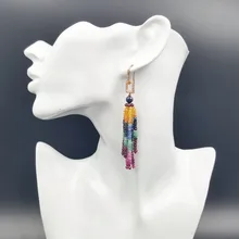 Lii Ji натуральный сапфир Изумрудный Рубин стерлингового серебра 925 длинные висячие серьги с кисточками Всего Размеры приблизительно 9 см