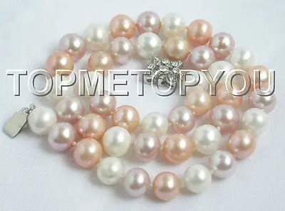 

Free Shipping>>new hot Nice 10mm round Natural white pink purple FW pearls necklace E350