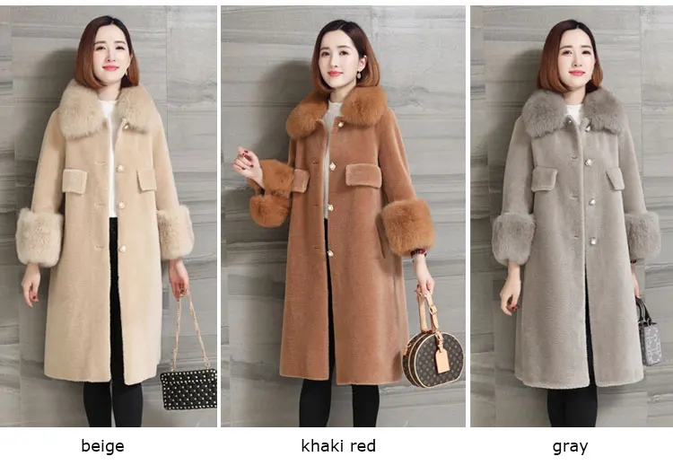 women natural sheep fur coat with real fox fur collar (2)