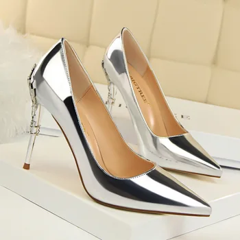 

Western style sexy metal heel women's shoes thin heel high heel shallow pointed lacquer leather thin single shoes
