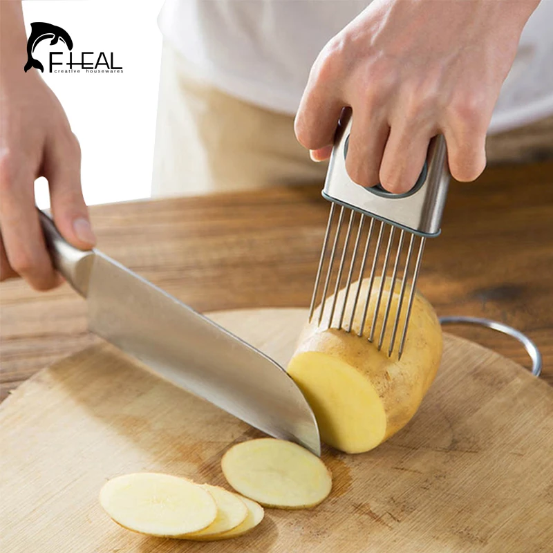 FHEAL Stainless Steel Onion Cutter Easy Cut Onion Holder Fork Vegetable ...