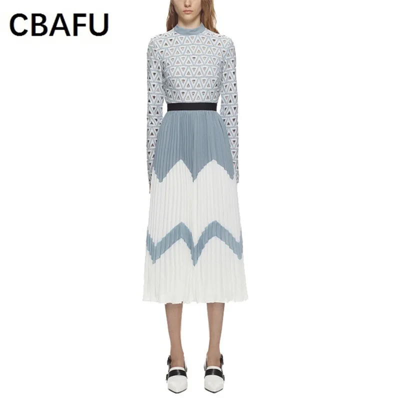 

CBAFU high quality self portrait dresses women hollow our patchwork pleated lace dress long sleeve psrty dress runway D006