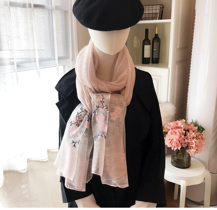 Высокое качество шелк из Ханчжоу цветок сливы вышивка серый/розовый/синий шерсть Шелковый женский шарф шаль Размер: 85*200 см(Химчистка