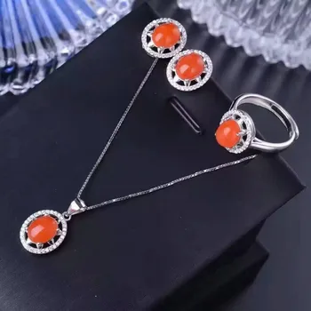 

Fidelity Natural red agate s925 sterling silver rings Pendant earrings fine jewelry sets for women party natural red gemstone