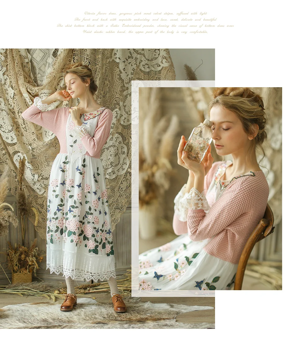 Дизайн, новые летние осенние платья, женские винтажные платья Mori для девочек, кружевное лоскутное платье с вышивкой, розовое трикотажное хлопковое длинное платье
