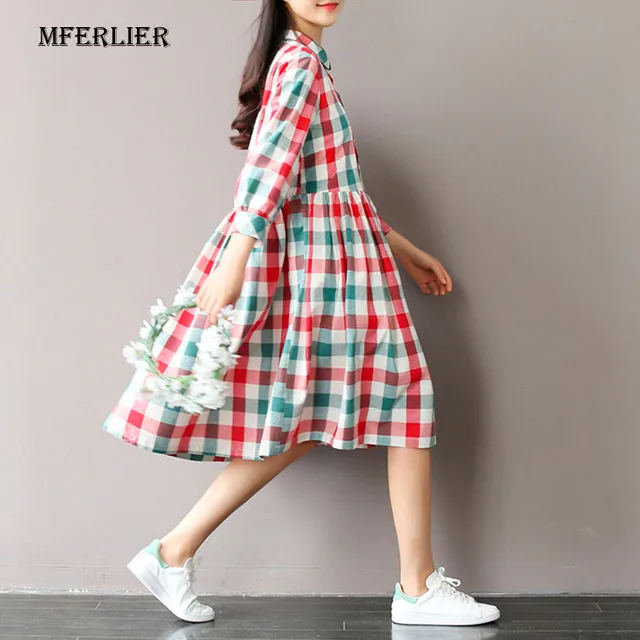Лето Dress Коротким Рукавом Turn Down Воротник Хлопок Белье Dress плед Печати Высокой Талией Случайных Женщин Dress Плюс Размер Женщин одежда