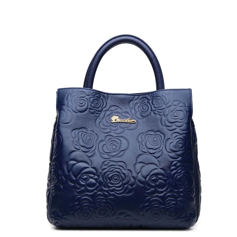 Модные женские сумки из воловьей кожи с тисненым цветком, с принтом розы, из натуральной кожи, женская сумка для покупок - Цвет: Синий