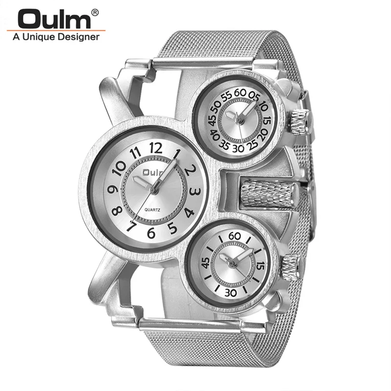 Oulm часы модель 1167 мужские наручные часы повседневные с кожаным сетчатым стальным ремешком кварцевые часы с тремя часовыми поясами спортивные мужские часы