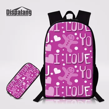 

Dispalang Fashion School Backpack I Love You Prints 2PCS/Set School Bag+Pencil Case Bag Cartoon Travel Back Pack Youth Rucksack