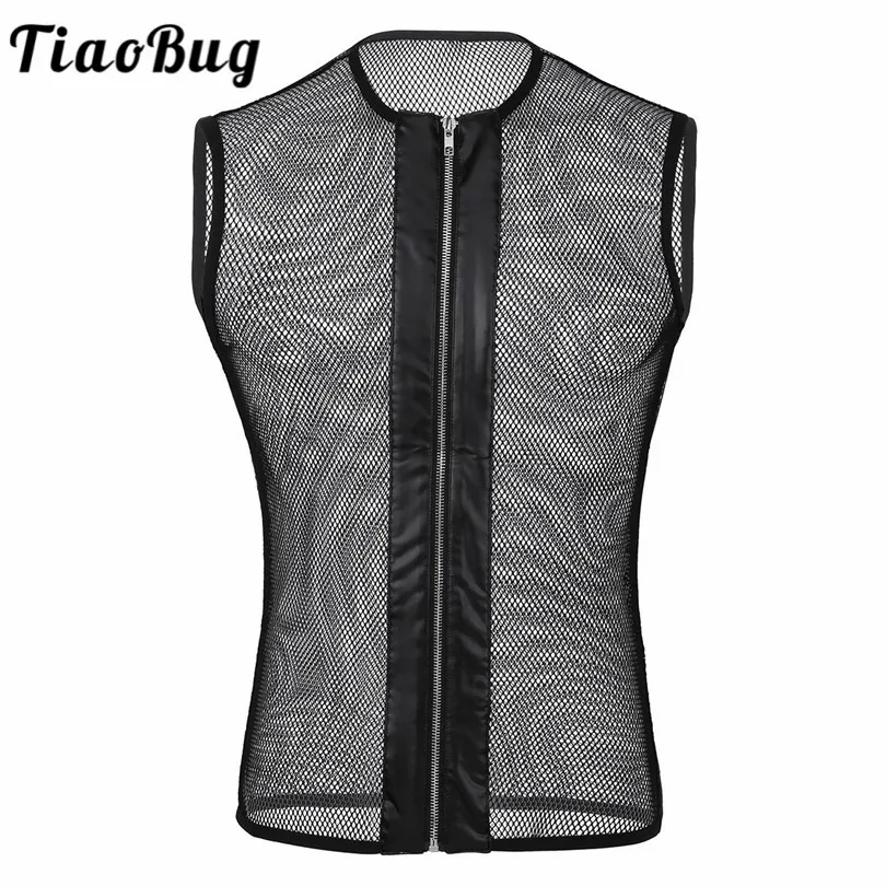 

TiaoBug Mesh Sleeveless O-neck See Through Fishnet Front Zipper Men Tank Top Male Funny Sexy Tank Tops Club Wear