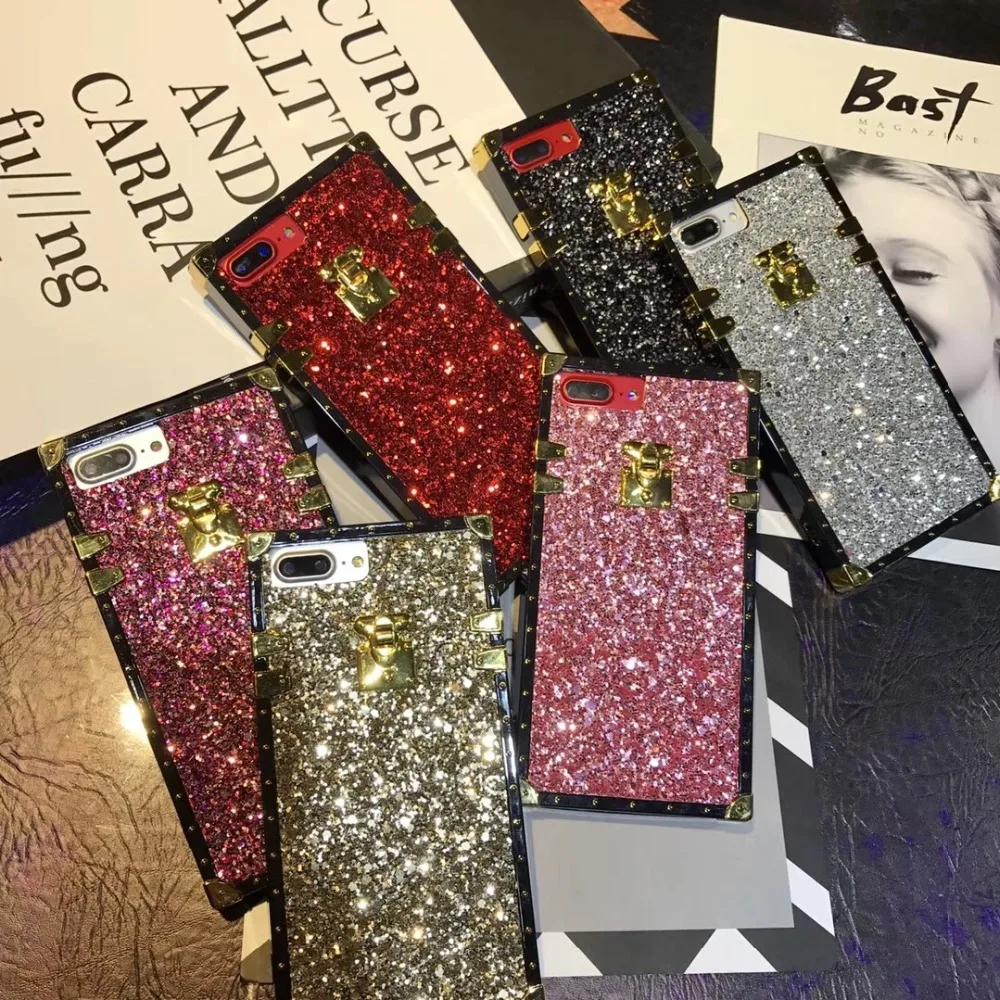 

Luxury Square Silicone Glitter Phone Case Coque For iPhone Xs Max Xr X 6 6s 7 8 Plus Back Cover For Samsung S8 S9 plus Note8 9