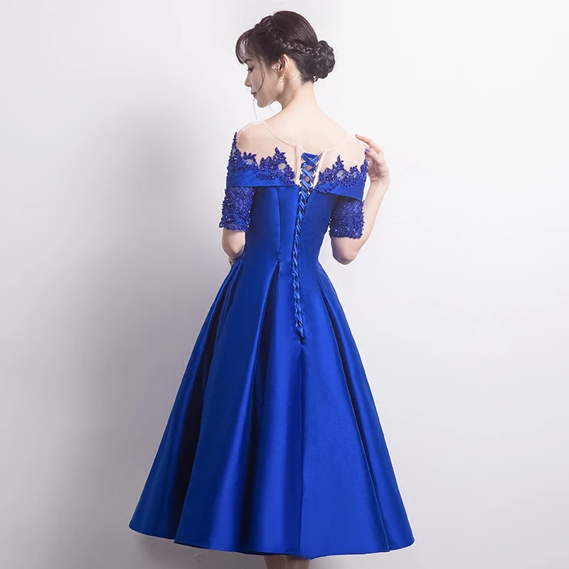 Синий с вырезом лодочкой Cheongsam женские атласные вечерние платья сексуальные шикарные тонкие изысканные вечерние платья с аппликацией Vestidos