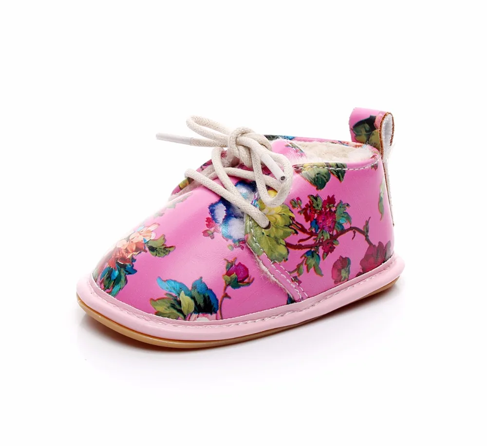 VIP Dropshiping lace up floral printing baby moccasins super warm PU leather fur winter baby shoes toddler girls boys snow boots