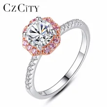 CZCITY Genuine 925 Sterling Silver White Zircon Finger Ring for Girls Two-Color Gold Pink Flower Rings for Women Party Jewelry