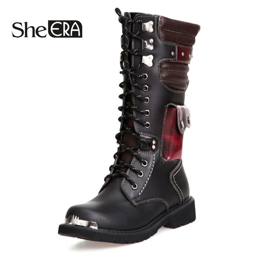  She ERA Mid-Calf High Boots Mens Military Boots PU Leather Men Motocycle Boots Cowboy Riding Boots 