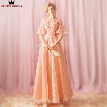 

A-line Half Sleeve Lace Appliiques Elegant Orange Pink Evening Dresses 2020 New Party Dress Evening Gowns Robe De Soiree MT20